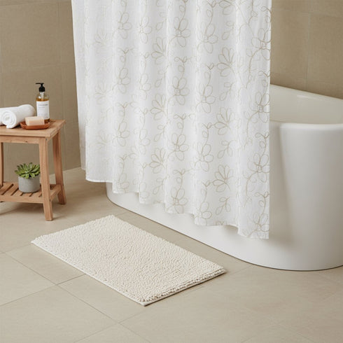 Tan and White Floral Embroider Shower Curtain